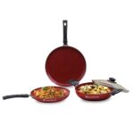 Wonderchef Valencia Non-Stick Cookware 4 Piece Set | Kadhai with Lid 24 cm, Fry Pan 24 cm, Dosa Tawa 28 cm | Cool Touch Bakelite Handles | Pure Grade Aluminium| PFOA Free| 2 Years Warranty | Red