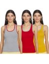 Longies women’s Racer Back Regular Tank Top (LWRTPO3V001_Mustard,Grey Milange & Red L)