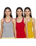 Longies women’s Racer Back Regular Tank Top (LWRTPO3V001_Mustard,Grey Milange & Red L)