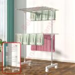 Home Belanto Stainless Steel Portable Double Pole Telescopic 2 Layer Clothes Drying Rack, Foldable Clothes And Garment Hanging Rack, 2 Tier Laundry Cloth Drying Stand With Wheels Balcony Indoor