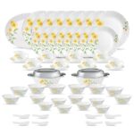 Home La Opala Diva Classique Collection Opal Glass Crockery | for Family of 8 | Dinner Set 61 pcs Yellow Daisy | Plates & Bowls for Dining | Microwave Safe | 100% Vegetarian | Extra Strong | White