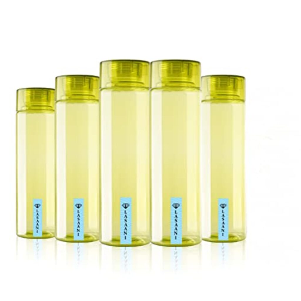 LASAANI Round Unbreakable Plastic 1000 ml Fridge Water Bottle Set of 5, Olive Green