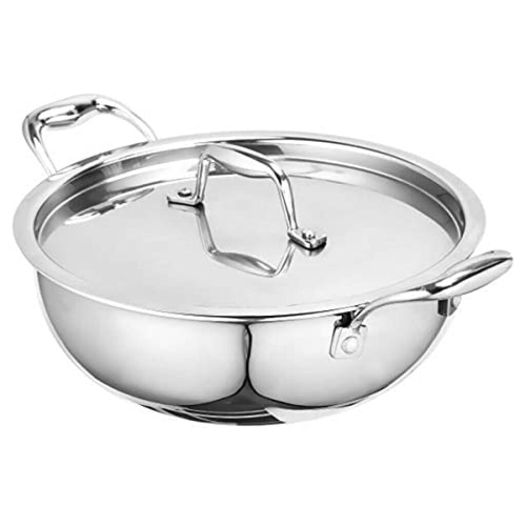 SIGNORA WARE 1500Ml Artista Tri-Ply Non-Stick Deep Fry Kadhai 18Cm,Induction Compatible Cookware Kadai,Grade 304 Stainless Steel,Food Grade,Dishwasher Safe,5 Years Warranty Pot (Silver)