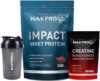 Nakpro Impact Whey Protein 1kg, 24g Protein with Creatine Unflavoured 100g & Shaker Whey Protein(1.1 kg, Double Rich Chocolate + Unflavoured)