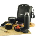 Home CELLO MF All in One Lunch Box Set of 5 with Bag, Black | 3 Containers with Steel Inner, 1 Plastic Pickle Box and 1 Steel Bottle | Microwave Safe | Insulated Tiffin Ideal for Office, School, College