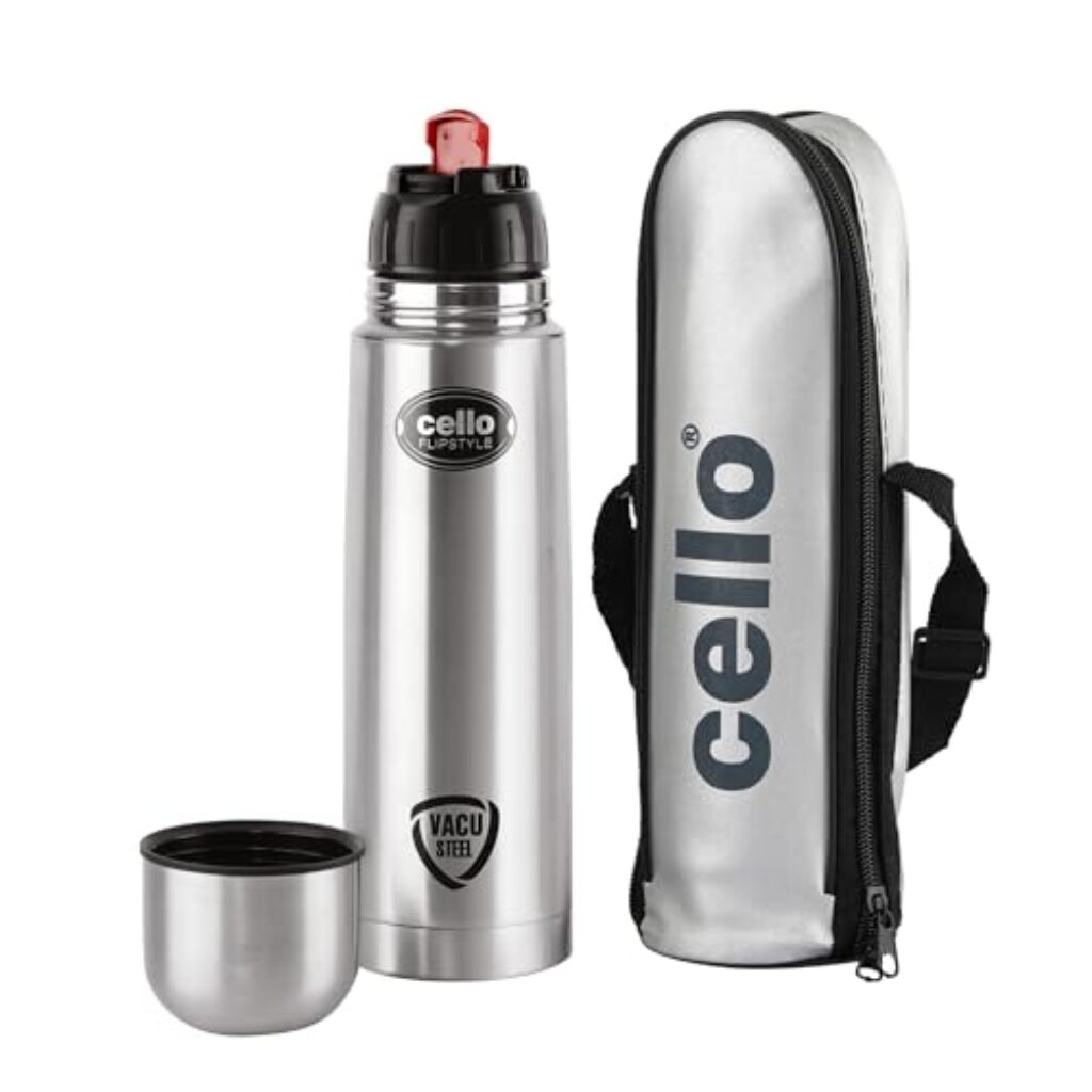 Cello Flipstyle Thermosteel Flask, 1000ml, Silver | 24 Hours Hot and Cold Water Bottle | Flask for Tea Coffee | Rust & Leak Proof | Ideal for Office, Gym, Home, Kitchen, Hiking, Travel Bottle