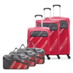 Home Aristocrat Polyester Trigon Soft Side 4 Spinner Wheels Hexa Luggage Set Of 6|3 Trolley Bags(Cabin 55Cm+69Cm+79Cm)&3 Duffle Bags 52Cm For Travel|5 Years International Warranty (Red) Small,Medium&Large
