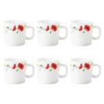 Home Larah By Borosil Red Carnation Opalware Mug Set (White) – 6 Pieces, 180 Milliliter – 180 Ml