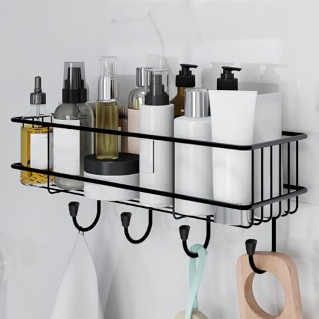 Story@Home Bathroom Shelf Organizer with Magic Stickers | Self-Adhesive | Premium Rectangular Shower Caddy -Sleek Black Powder Coated- Ideal for Kitchen Essentials and Bathroom Accessories | Pack of 1