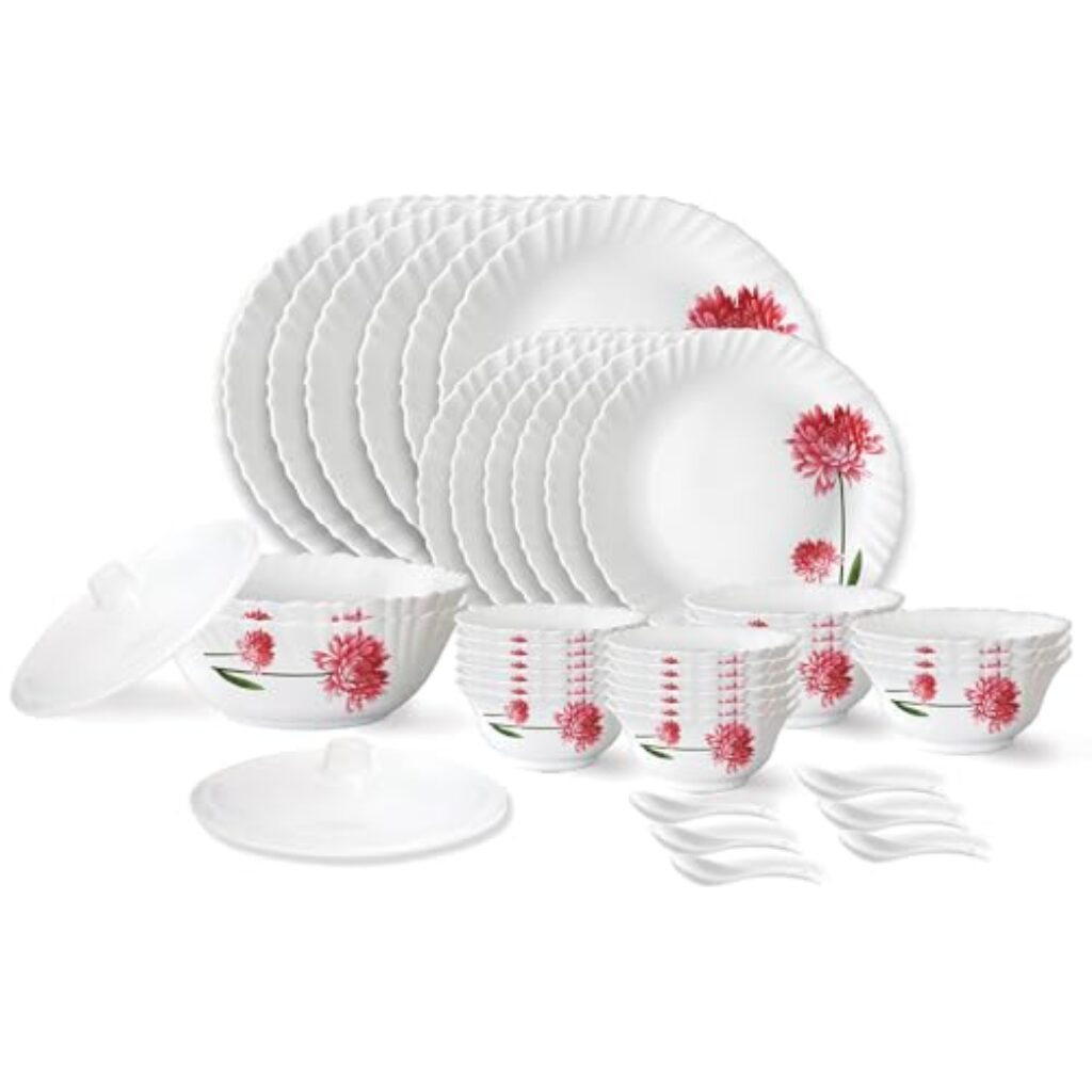 Larah by Borosil Belle Fluted Series Opalware Dinner Set | 40 Pieces for Family of 6 | Microwave & Dishwasher Safe | Bone-Ash Free | Crockery Set for Dining & Gifting | Plates & Bowls | White