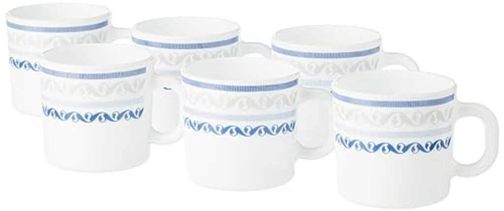 Larah by Borosil Jazzblue Opalware Mug, Set of 6 Tea/Coffee Mugs, 180 ml Each, Microwave & Dishwasher Safe, Bone-Ash Free, Crockery Set Ideal for Daily Use & Gifting, White