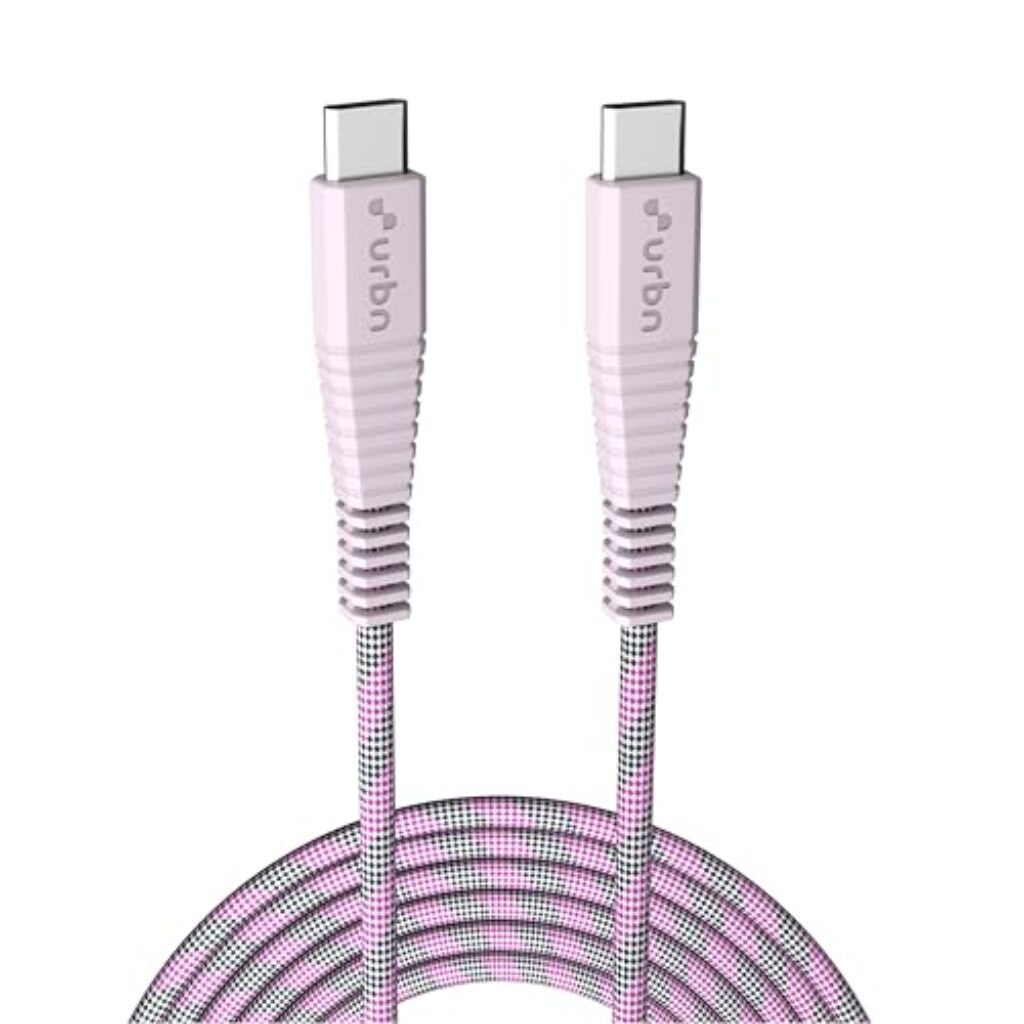 URBN 65W Ultra Fast Charging USB Type-C to Type-C Cable | PD Charger & Data Transfer | Unbreakable Nylon Braided | iPhone, Smartphones, Laptops, MacBooks | 5ft Length - Designer Pink