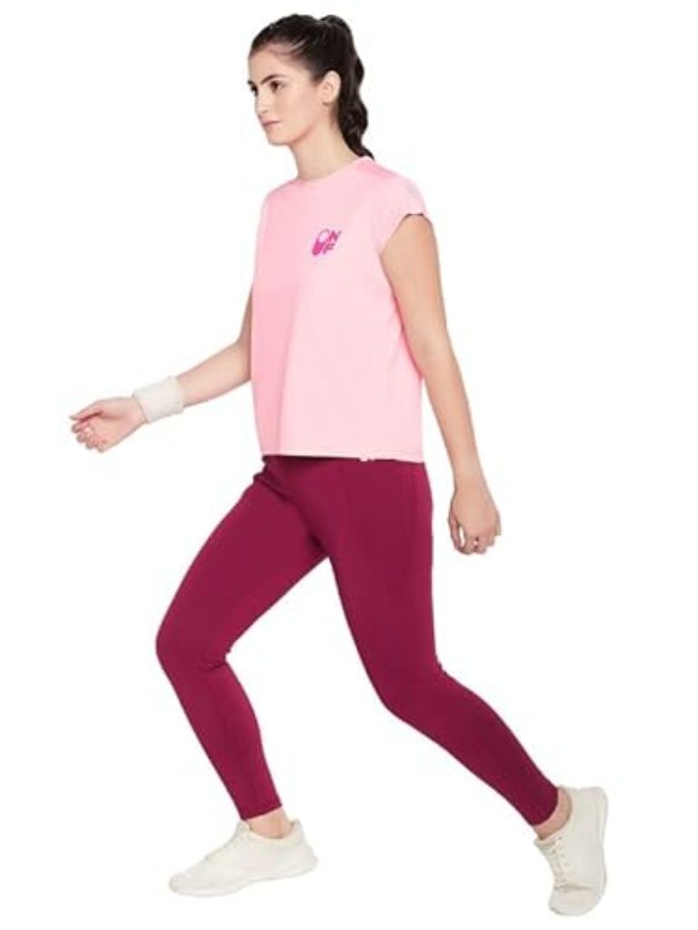 Clovia Women's Comfort Fit Graphic Print Active T-Shirt with Mesh Panels (AT0192P22_Pink_M)