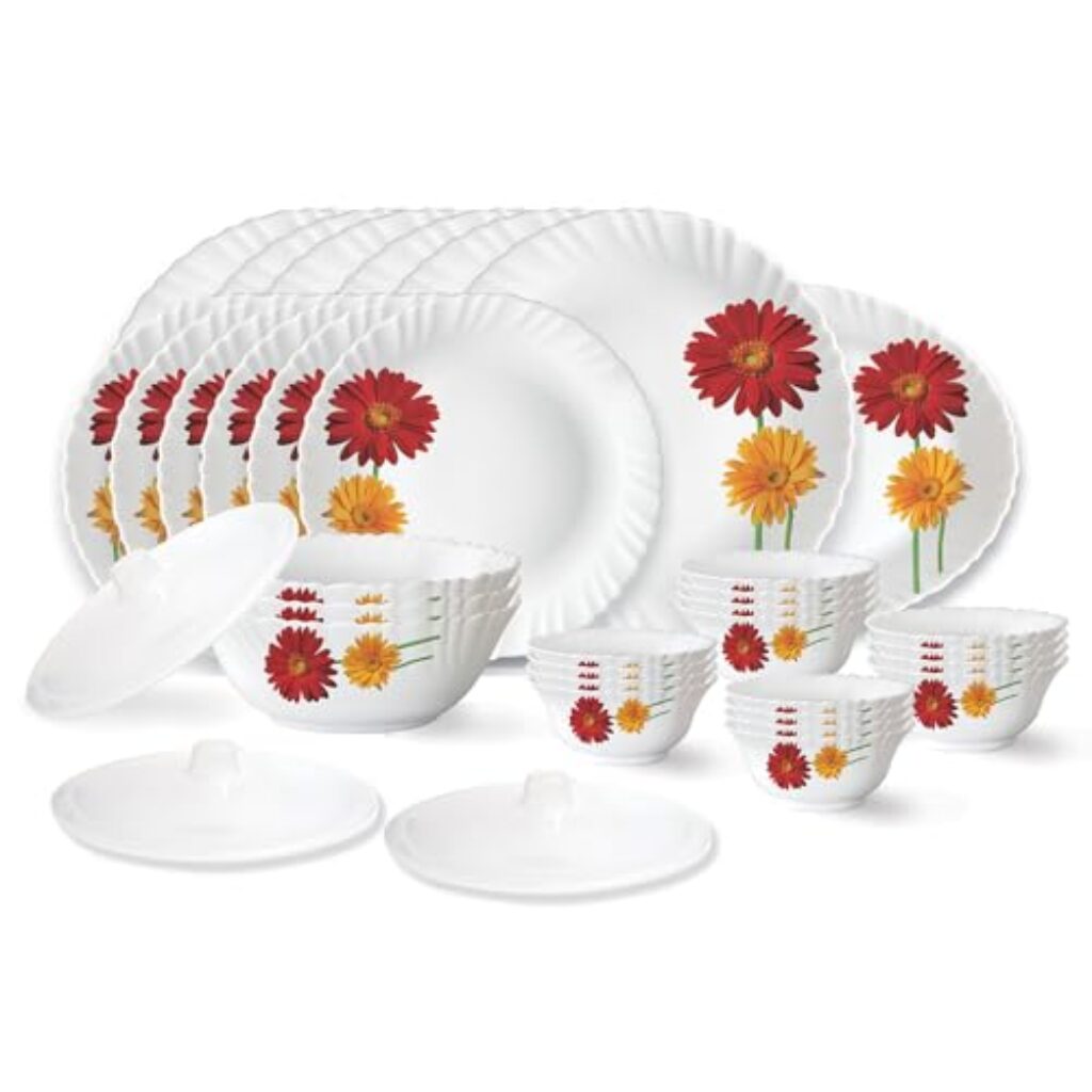 Larah by Borosil Zinnia Fluted Series Opalware Dinner Set | 31 Pieces for Family of 6 | Microwave & Dishwasher Safe | Bone-Ash Free | Crockery Set for Dining & Gifting | Plates & Bowls | White