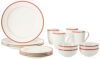 Amazon Brand – Solimo Ceramic 16 Piece Solid Dinner Set | 4 Dinner Plates, 4 Quarter Plates, 4 Mugs & 4 Small Bowls | Red Strip Design