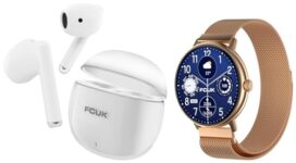 FCUK New Tide 1.39″ Round Display Bluetooth Calling Rose Gold Smartwatch with Kicks True Wireless White Earbuds