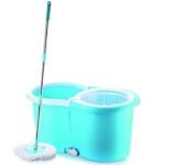 Ganesh Rapid Plastic Spin Mop, Round Plastic Bucket Floor Cleaning Mop with Bucket, Pocha for Floor Cleaning, Mopping Set (Blue, Set of 2 Microfiber Refills)