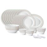 Larah by Borosil Fluted Series Opalware Polka Dot Dinner Set | 44 Pieces for Family of 8 | Microwave & Dishwasher Safe | Bone-Ash Free | Crockery Set for Dining & Gifting | Plates & Bowls | White