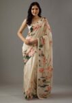 MEETVIN COUTURE Printed, Self Design, Graphic Print, Floral Print, Checkered, Solid/Plain Bollywood Georgette, Chiffon Saree(Cream, Multicolor)