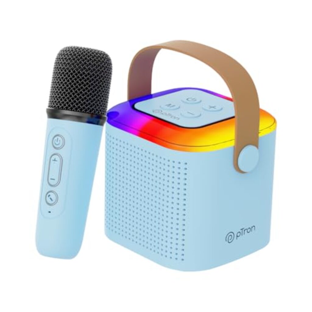 pTron Newly Launched Fusion Tunes 10W Mini Bluetooth Speaker with Wireless Karaoke Mic, 8Hrs Playtime, Vivid RGB Lights, Voice Effects, Multi-Play Modes BT5.1/TF Card & Type-C Charging Port (Blue)