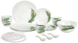 Larah by Borosil Crescent Fluted Series Opalware Dinner Set | 40 Pieces for Family of 6 | Microwave & Dishwasher Safe | Bone-Ash Free | Crockery Set for Dining & Gifting | Plates & Bowls | White