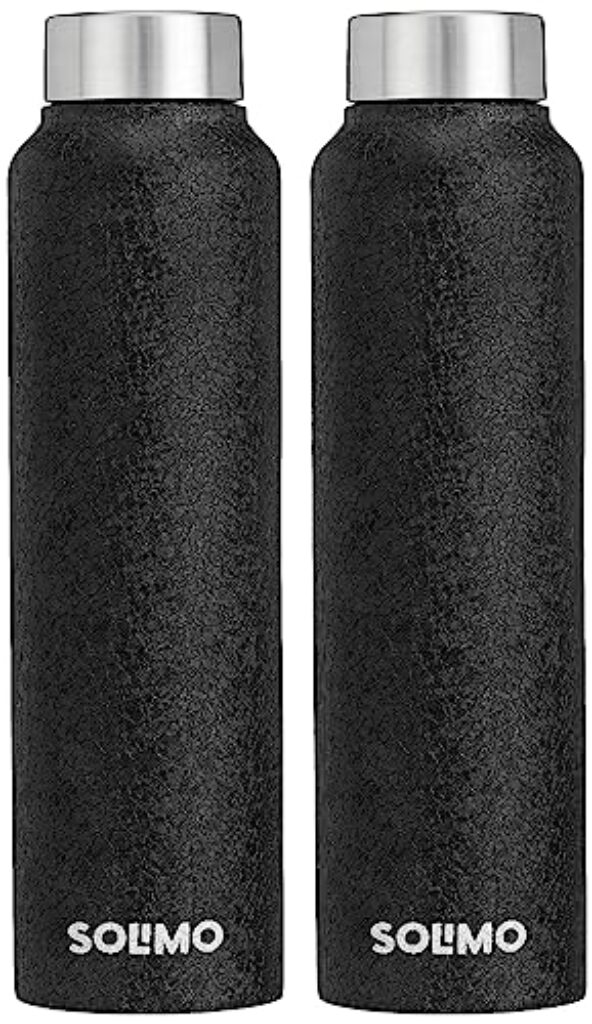 Amazon Brand - Solimo Stainless Steel Fridge Water Bottle | 1000 ml | Textured Black Finish (Set of 2)