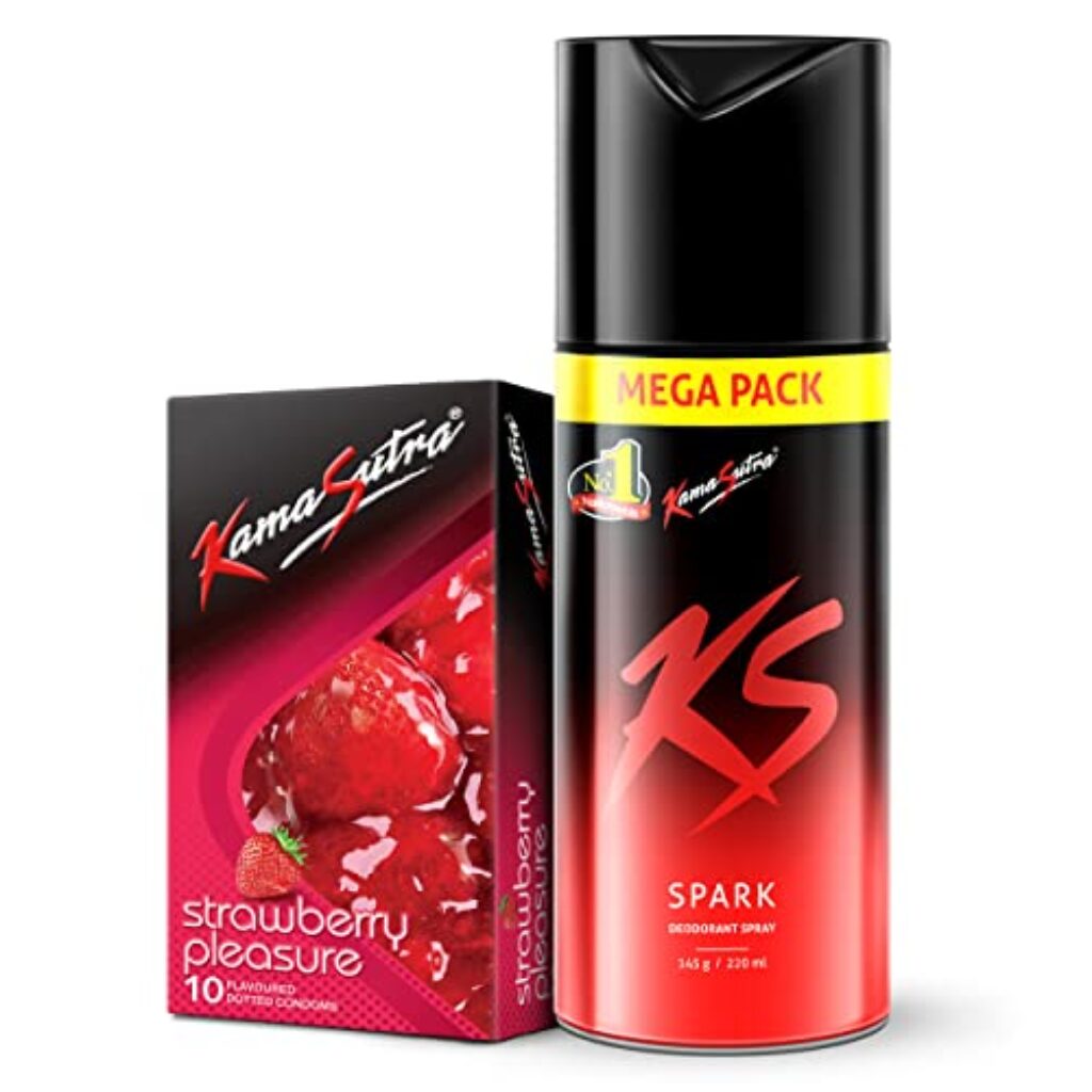 KamaSutra Spark Deodorant Mega Pack 220 ml and Strawberry Flavoured Condoms 10 Count