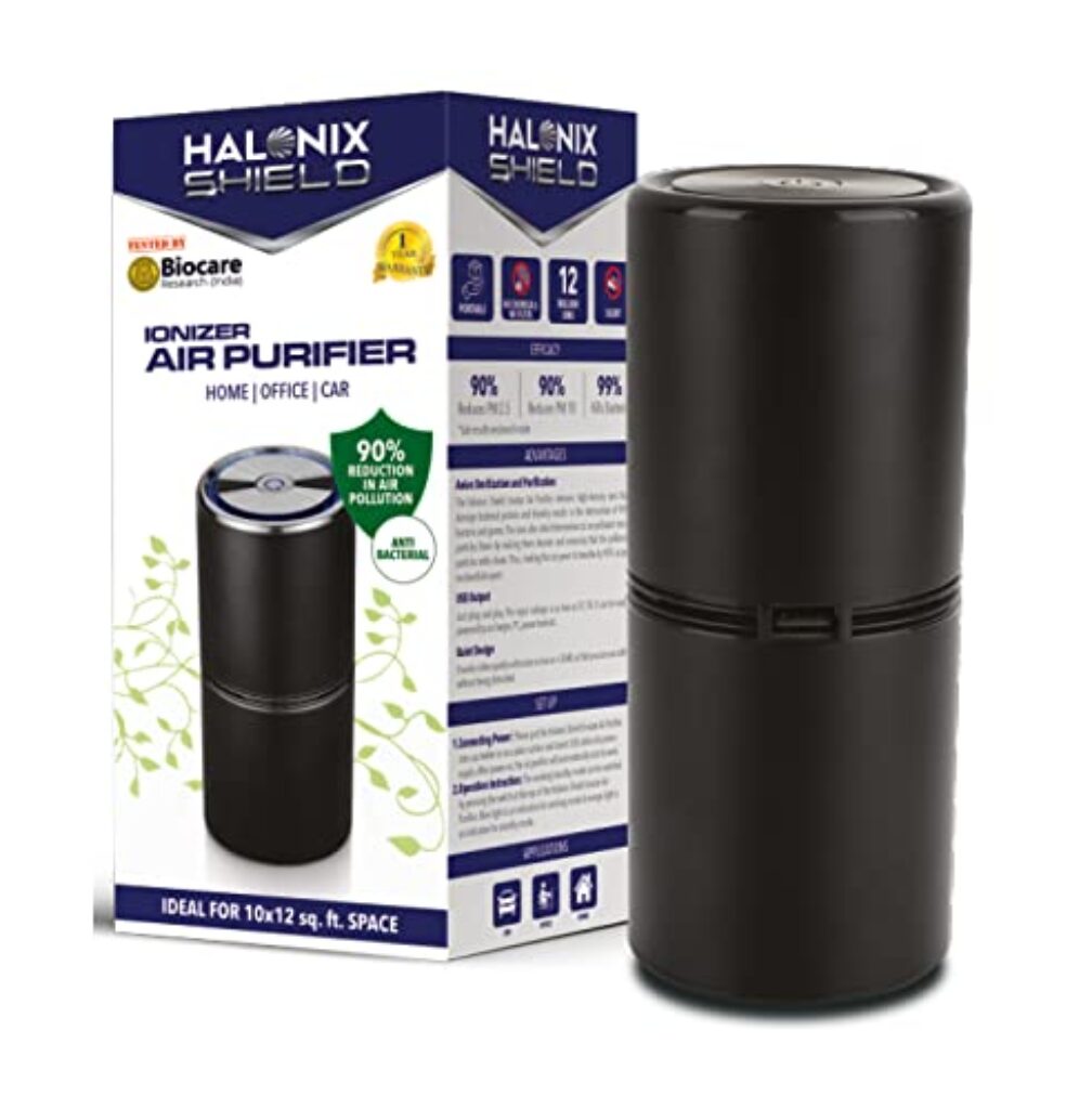 Halonix Shield Portable Ionizer Air Purifier,12 Million Negative Ions - Kills 99.9% Viruses - Removes 90% PM2.5 (Suitable for Home, Car & Office) (Black), small (PORTABLE AIR PURIFIER)