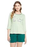 Clovia Women’s Graphic & Text Print Top & Chic Basic Shorts in Green – 100% Cotton (LS0661D11_Green_L)