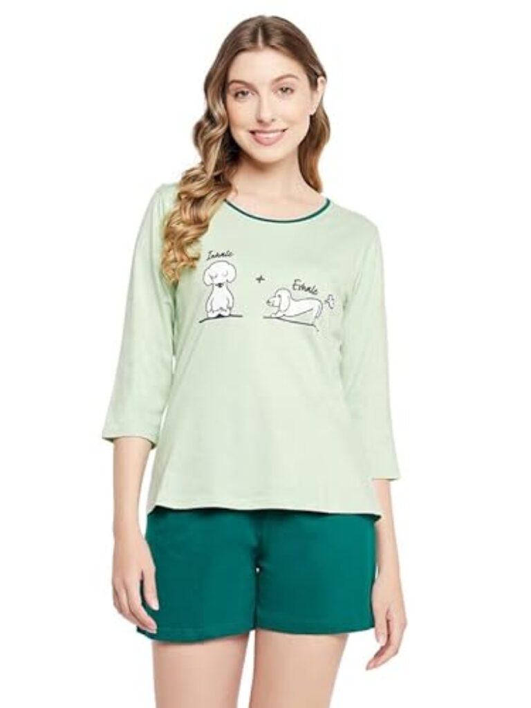 Clovia Women's Graphic & Text Print Top & Chic Basic Shorts in Green - 100% Cotton (LS0661D11_Green_L)