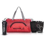 Vector X Blitz Gym Bag Combo for Men ll Gym Bag with Shoe Compartment and, Black Bottle, Black Wristband, Black Gloves ll Gym Bag & Fitness Kit & Gym Bag Combo (Black) (Red)