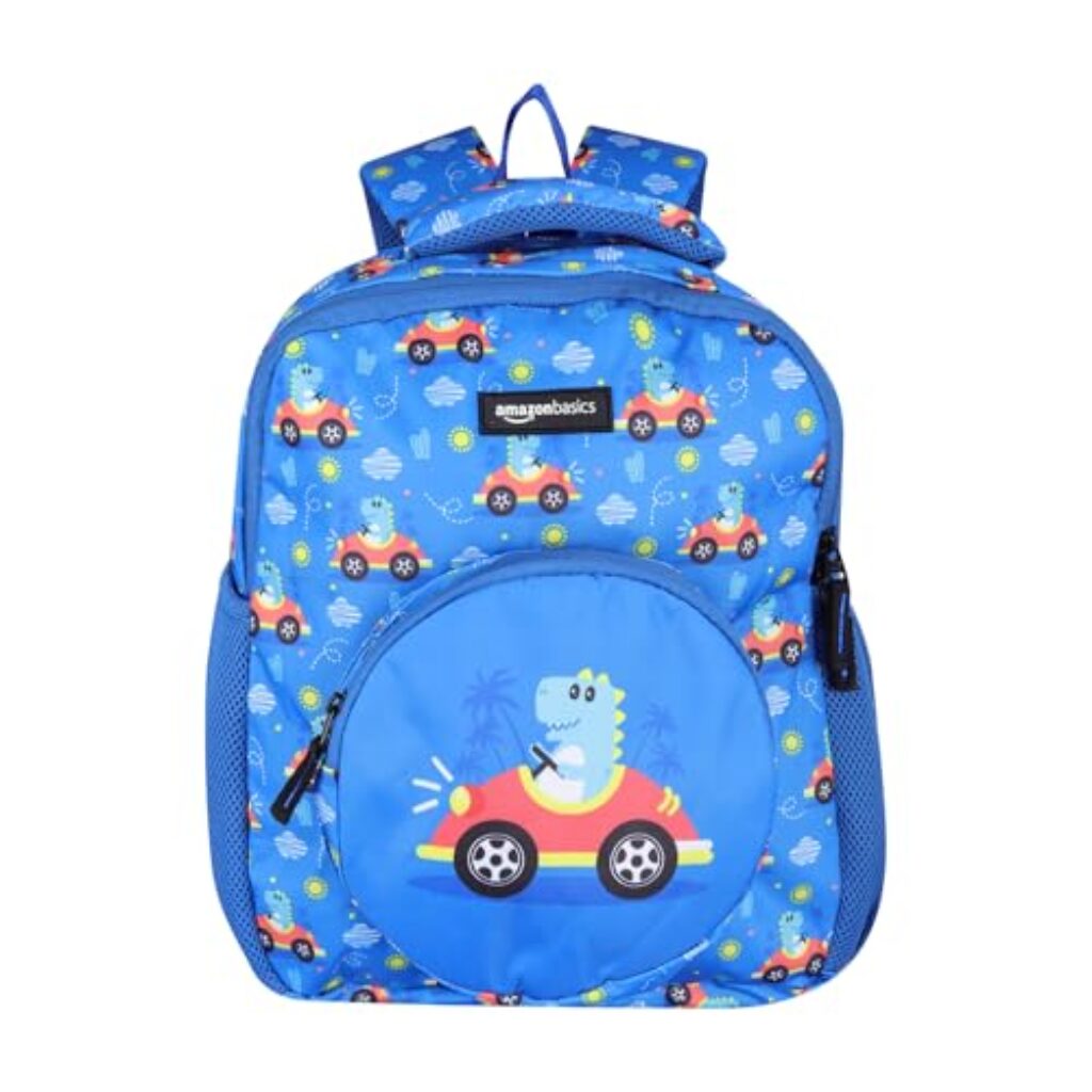 Amazon Basics Trendy and Spacious Car Dino Theme Kids Backpack | Comfortable Padding | 14 Inches (Blue)