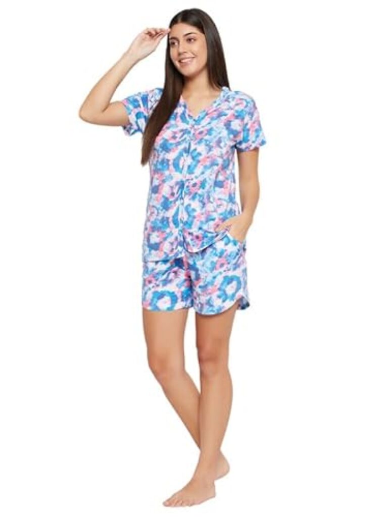 Clovia Women's Cotton Printed Top & Shorts Set (LS0703E03_Blue_XL)