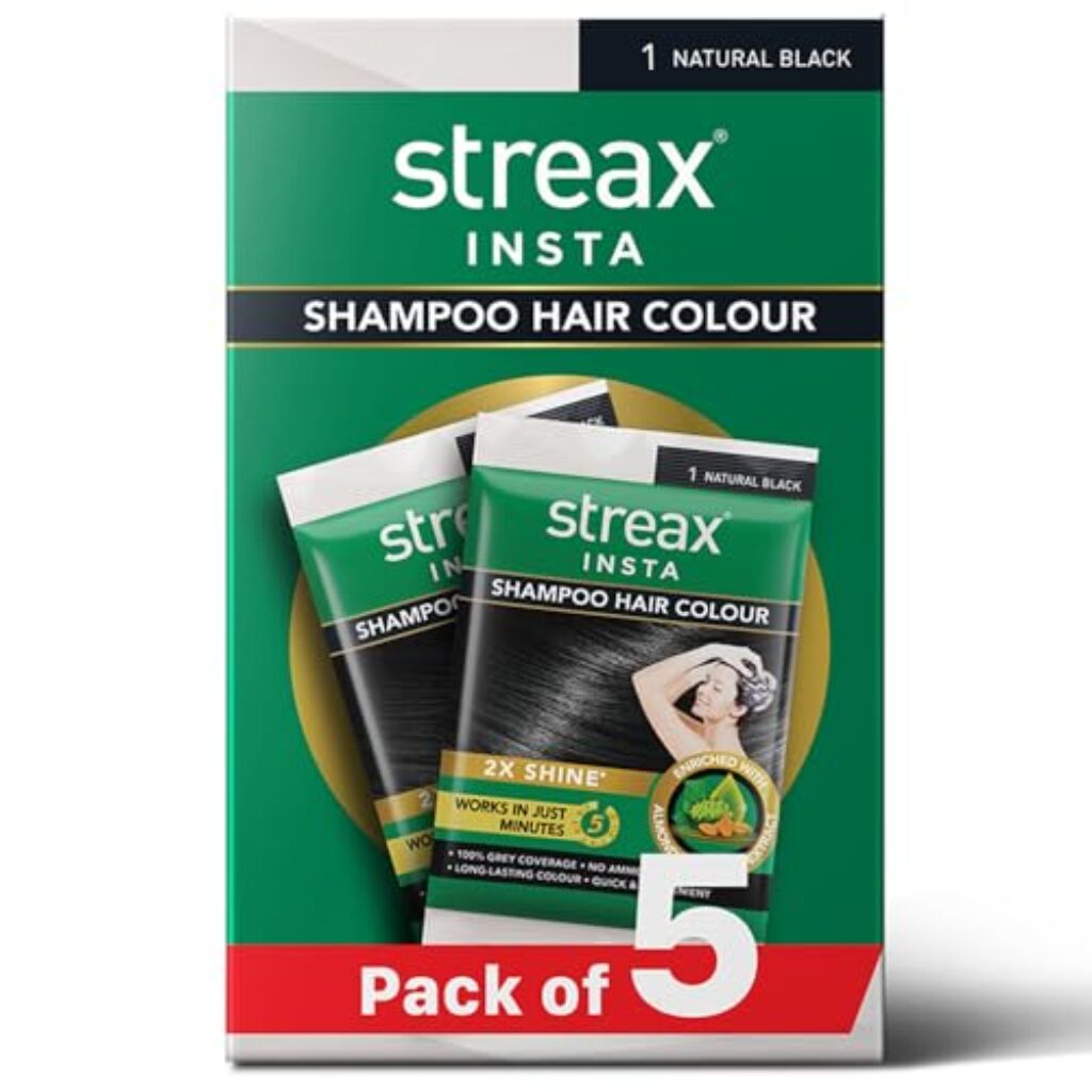 Streax Insta Shampoo Hair Colour for Women and Men, Natural Black - Pack of 5 | 100% grey coverage in 5 minutes | Long lasting, easy to use