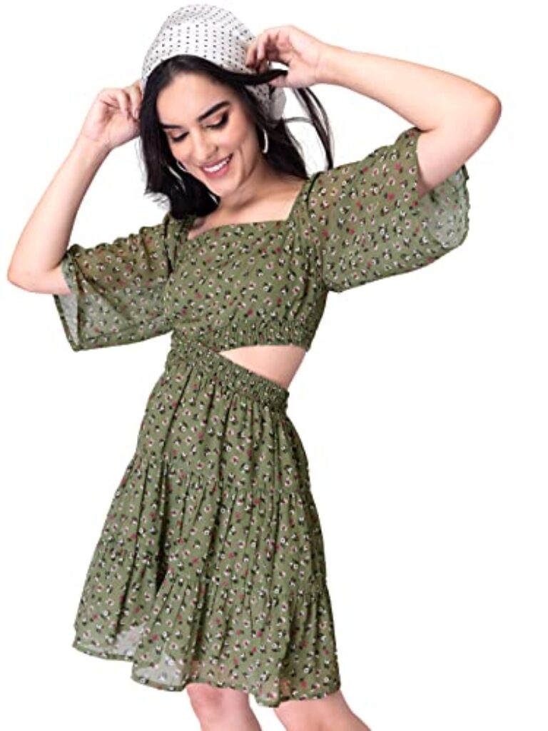 FabAlley Women Green Floral Waist Cut Out Dress