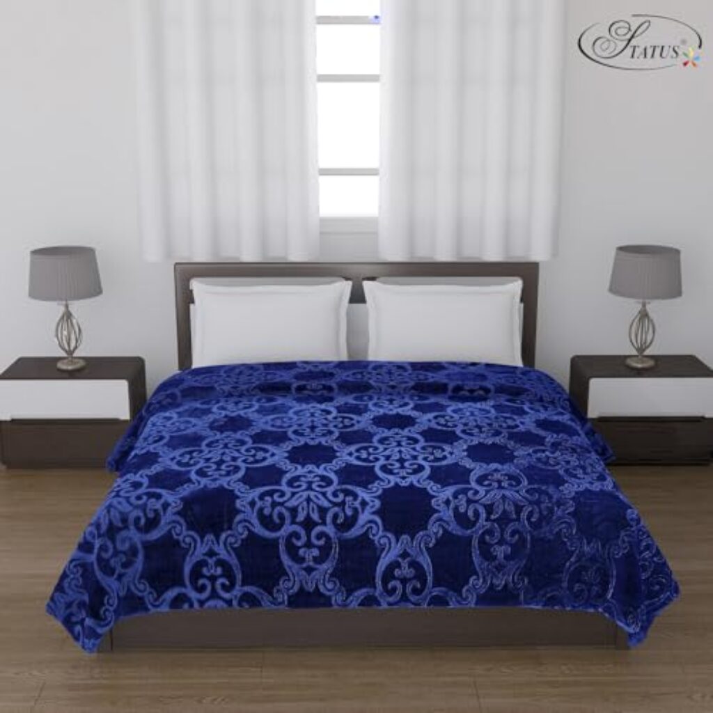 Status Contract Mink Blanket | Double Bed AC Blanket |Skin-Friendly, Lightweight & Super Soft Blanket 2.2 Kgs- 220 x 215 Cms (Dark Blue)-Design Might Vary