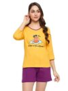 Clovia Women’s Cotton Graphic and Text Print Top & Chic Basic Shorts Set (LS0661P07_Mustard_XL)