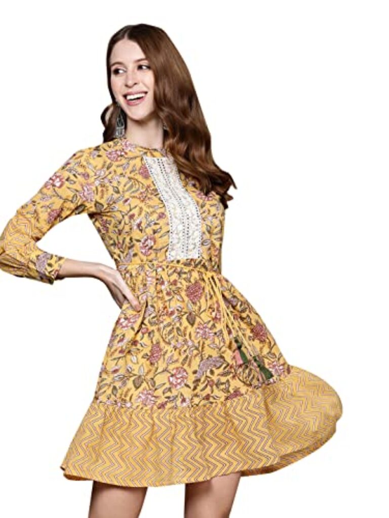 ishin Women's Yellow Embellished Floral Dress