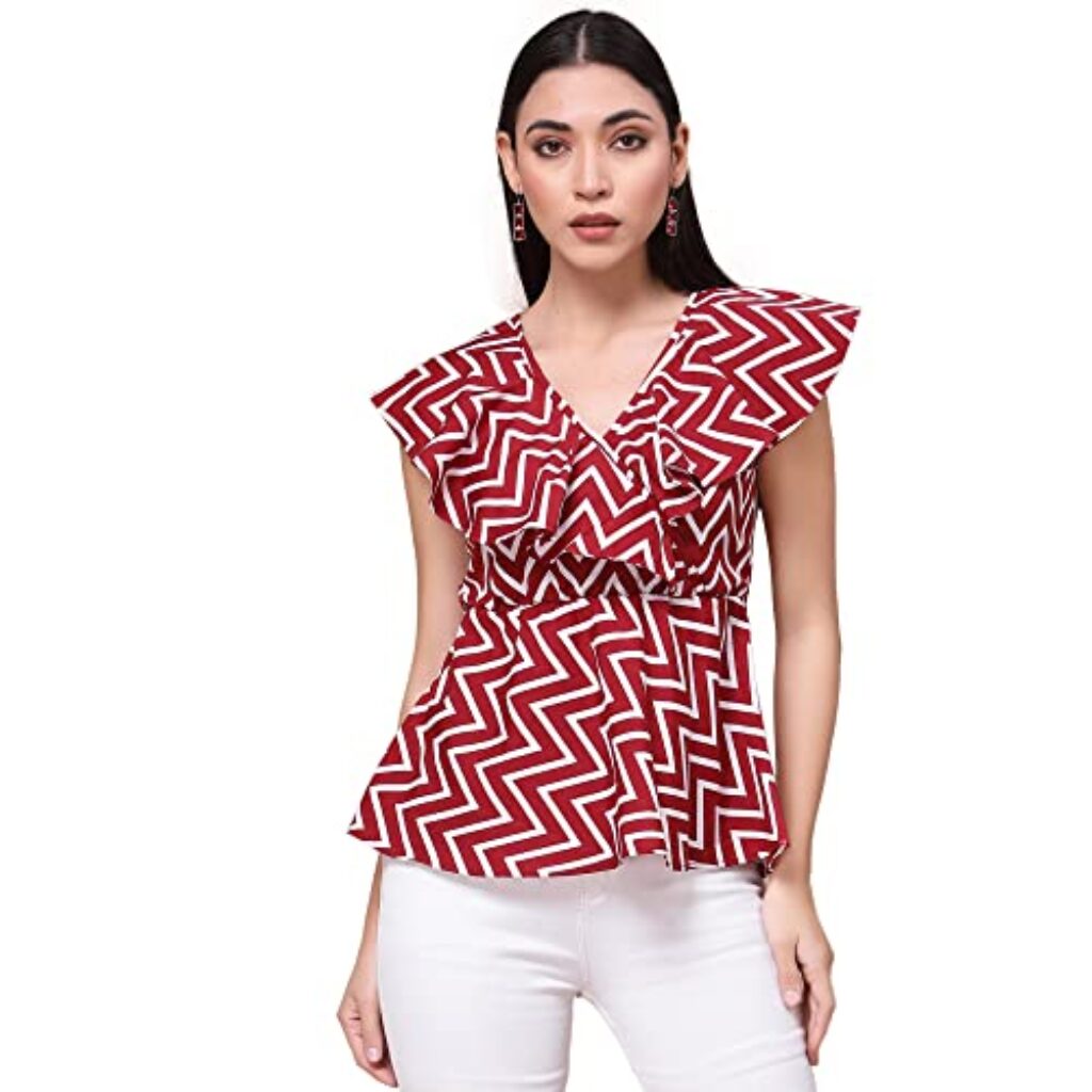 OOMPH! Women's Crepe Printed top with V-Neck and Ruffle Sleeve