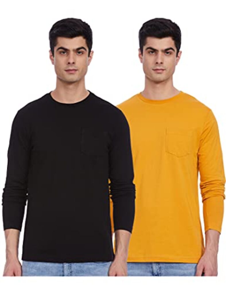 Amazon Brand - Symbol Men's Solid Regular T-Shirt (Pack of 2) (SS19MNTEE04-9_Black & Desert Yellow_L)