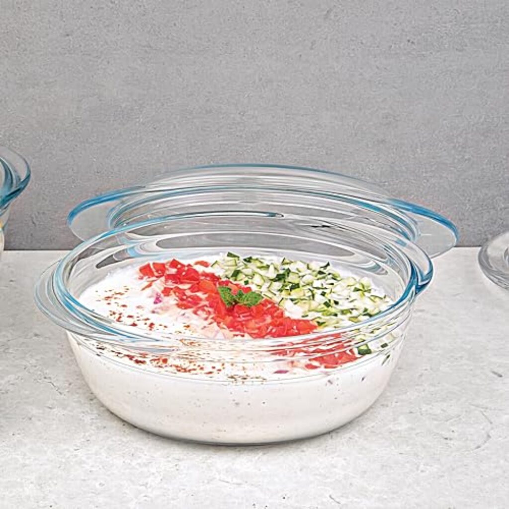 La Opala Cook Serve Store 100% Borosilicate Glass Bakeware & Serveware | Casserole with Glass Lid, Round 1 L | For Baking & Serving | Microwave, Oven, Dishwasher & Freezer Proof | Transparent