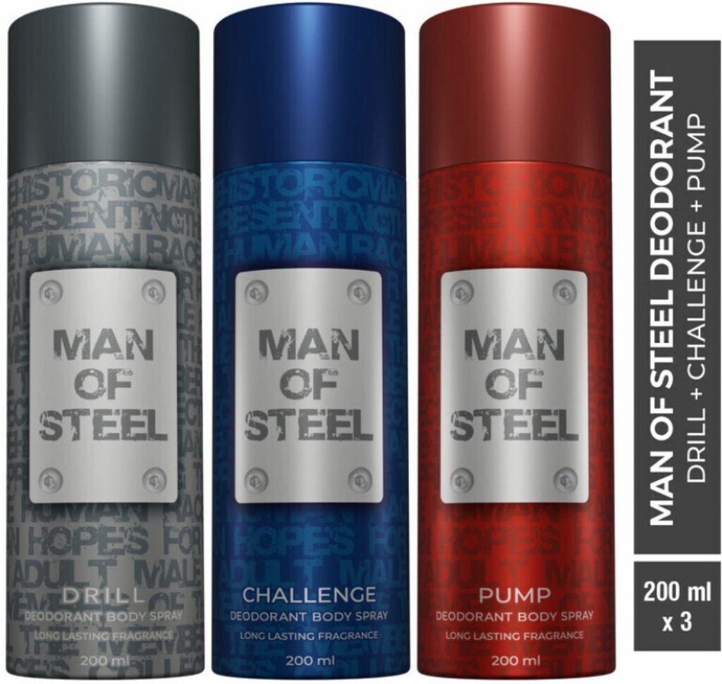 DENVER Combo of Man Of Steel Drill + Challenge + Pump Long lasting Deodorant Spray - For Men(600 ml, Pack of 3)