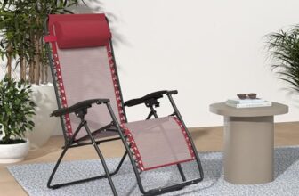 Amazon Basics Outdoor Textilene Adjustable Zero Gravity Folding Reclining Lounge Chair with Pillow (Red) | Alloy Steel