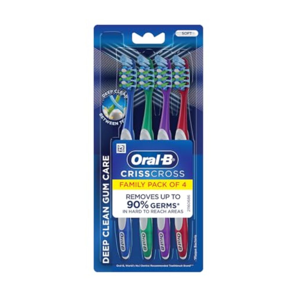 Oral B Criss Cross Gum Care Manual Toothbrush, Family pack of 4 toothbrushes, Soft, For Adults