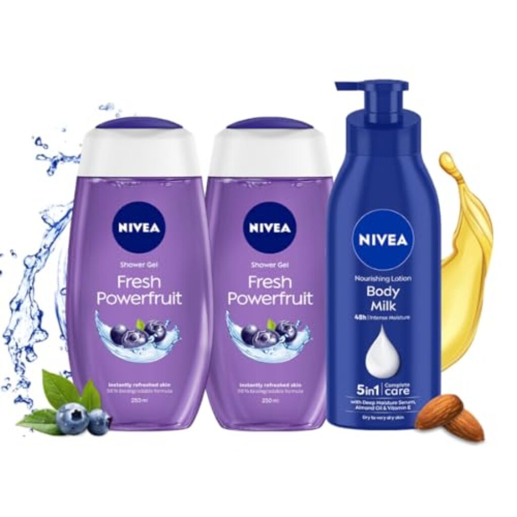 NIVEA Body Lotion 400ml & Powerfruit Shower Gel 250ml [Pack of 3]