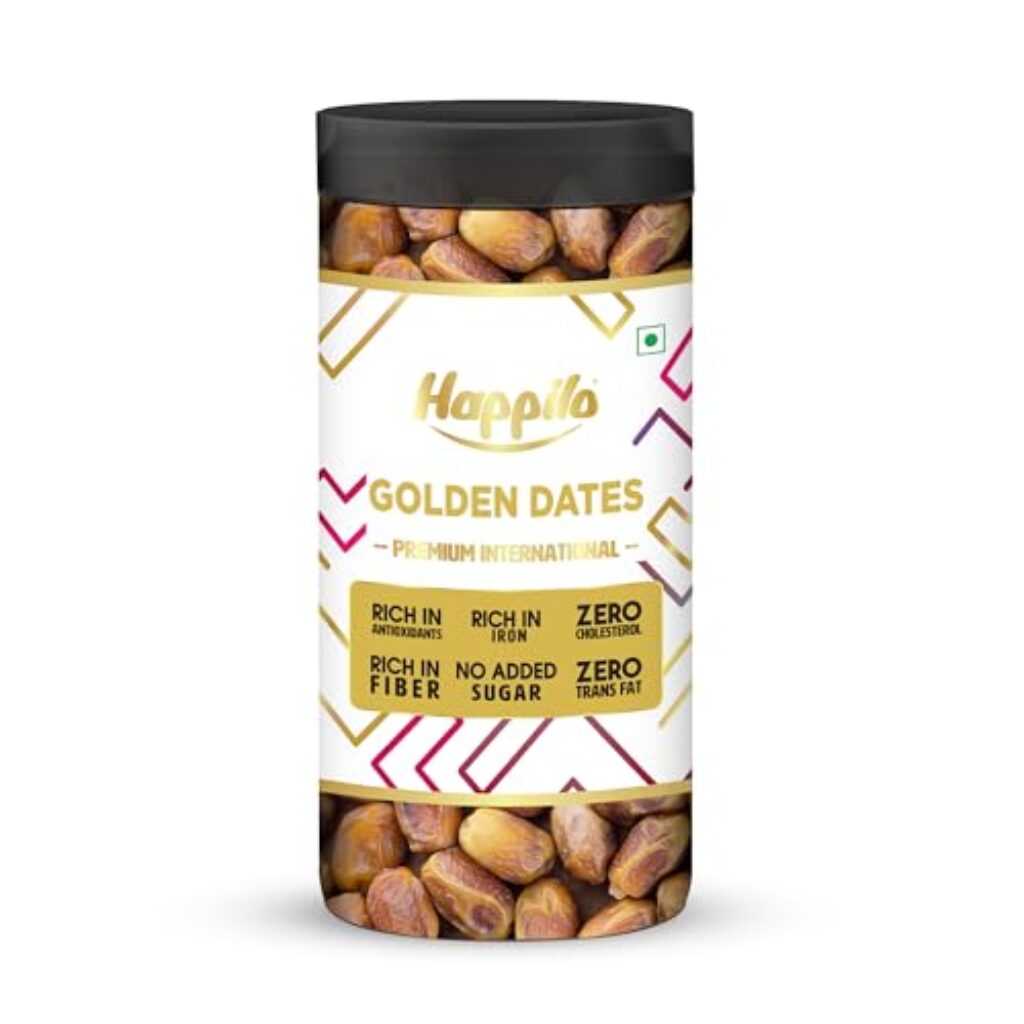 Happilo Golden Dates Jar 400g, Rich in Iron, Antixidants, Fiber and Vitamin, Chewy Texture, Natural Sweetness, No added Preservatives