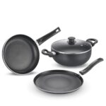 Prestige Svachh Byk Set Aluminium Non Stick Cookware, Omni Tawa Dia 28 Cm -1 Unit, Fry Pan Dia 24 Cm – 1 Unit, Kadai with Glass Lid Dia 24 cm -1 Unit
