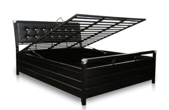 Royal Interiors Torrik Metal Single Bed with Storage and Foam Mattress | Wrought Iron Single Size Cot with Hydraulic Storage| Single Cot Bed for Bedroom with Headboard & Footboard (75X48), Dark Black