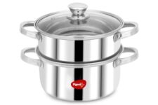 Pigeon By Stovekraft Steel X Steamer Stainless Steel Induction Base, Modak Maker/Momo Maker, Dual Compartment With Glass Lid, 4.6L Capacity, Silver