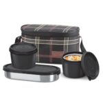 Milton Decker Lunch Box with Insulated Fabric Jacket, 3 Containers (1 Oval Stainless Steel 450 ml, 2 Inner Stainless Steel 450 ml), Microwave Safe & Leak-Proof Tiffin for Office, School, College,Black